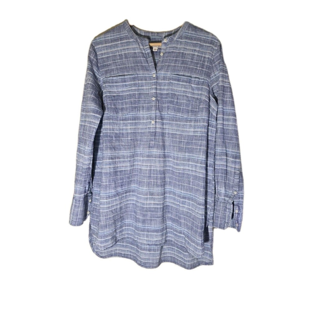 Merona Textured Cotton Blues Striped Long Tunic Shirt w/Pockets-XXL-Fits L